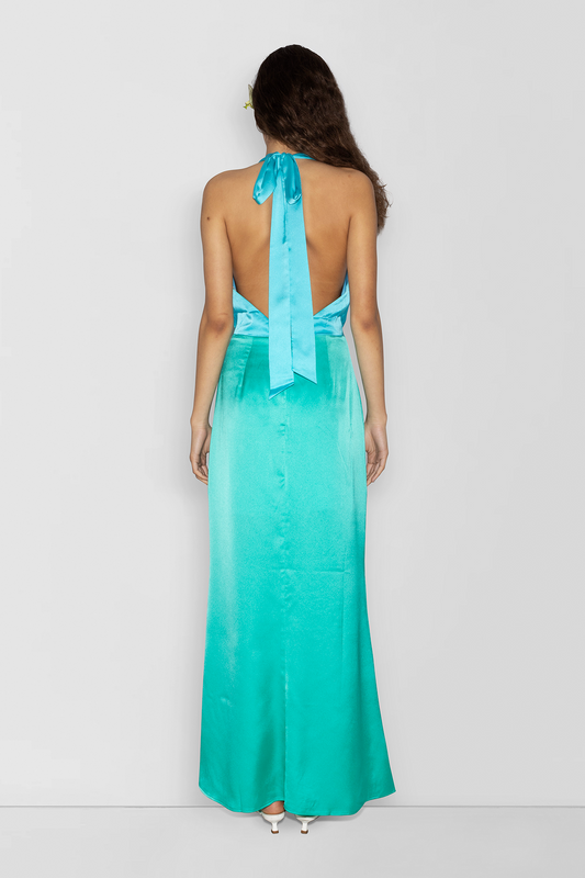 Elegant blue satin bridesmaid slip dress with adjustable tie neck and contrast bodice.