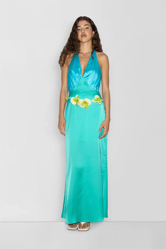 Elegant blue satin bridesmaid slip dress with adjustable tie neck and contrast bodice.