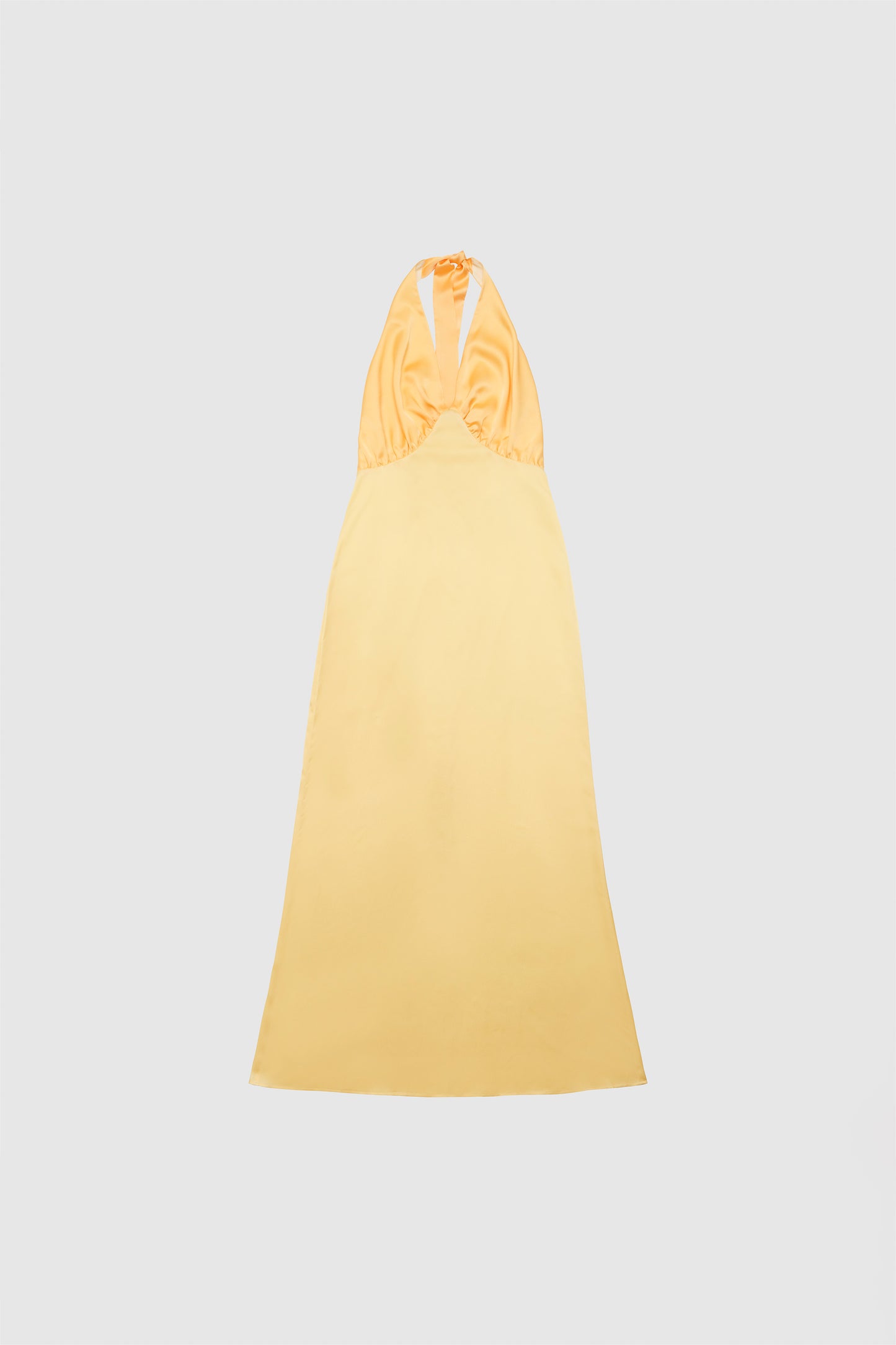 Elegant yellow satin bridesmaid slip dress with adjustable tie neck and contrast bodice.