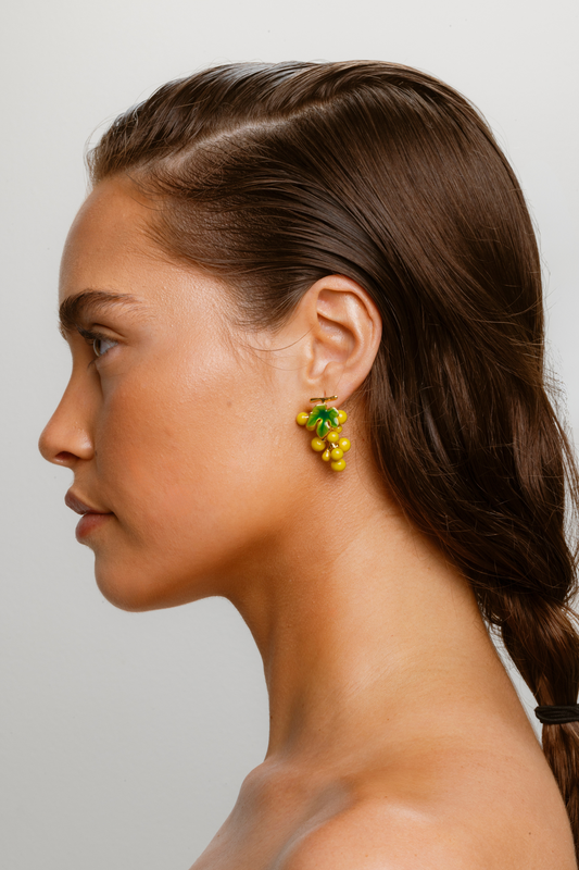 Women’s yellow statement earrings with clustered grape-like design and polished finish perfect for playful daytime or evening looks.
