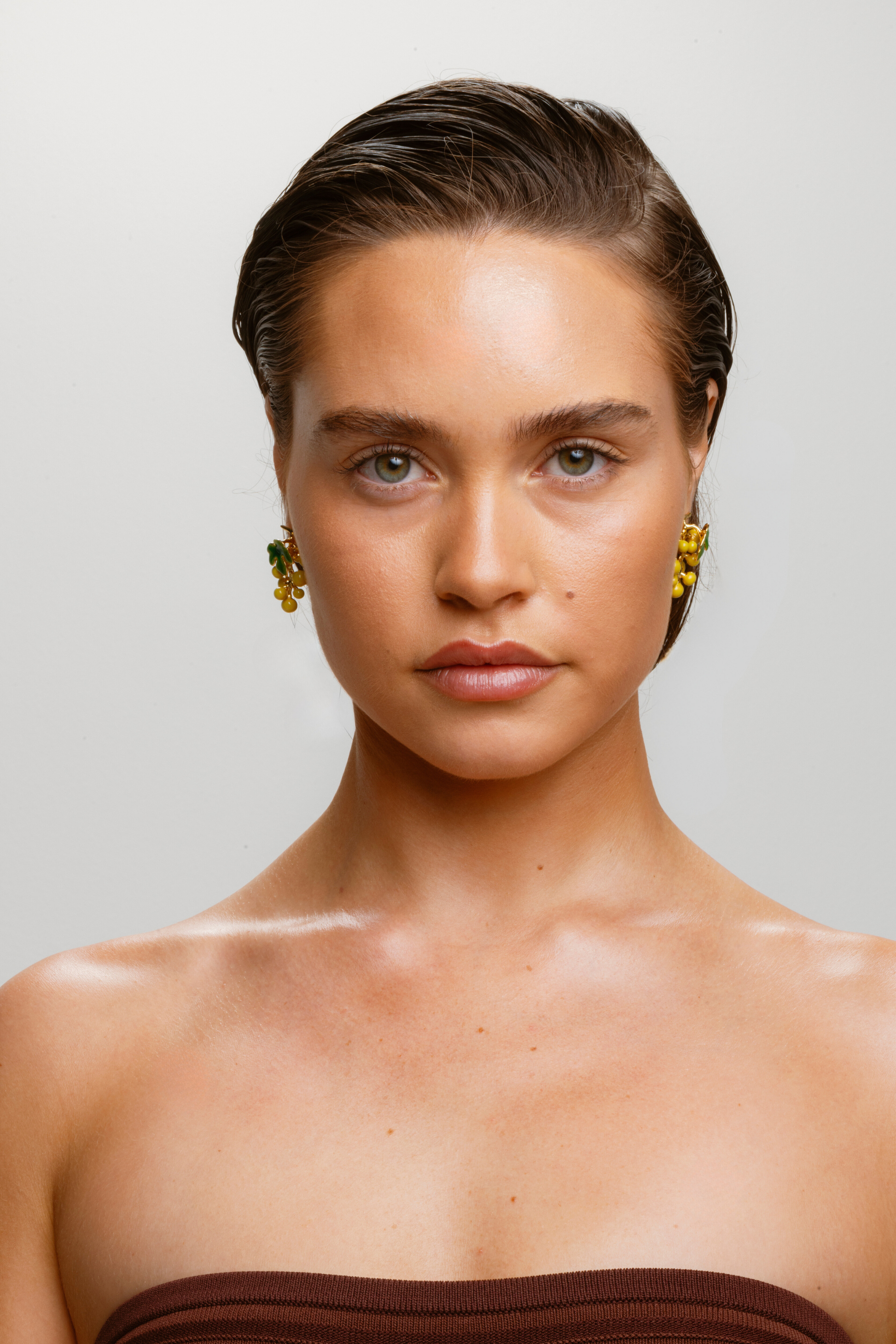 Women’s yellow statement earrings with clustered grape-like design and polished finish perfect for playful daytime or evening looks.