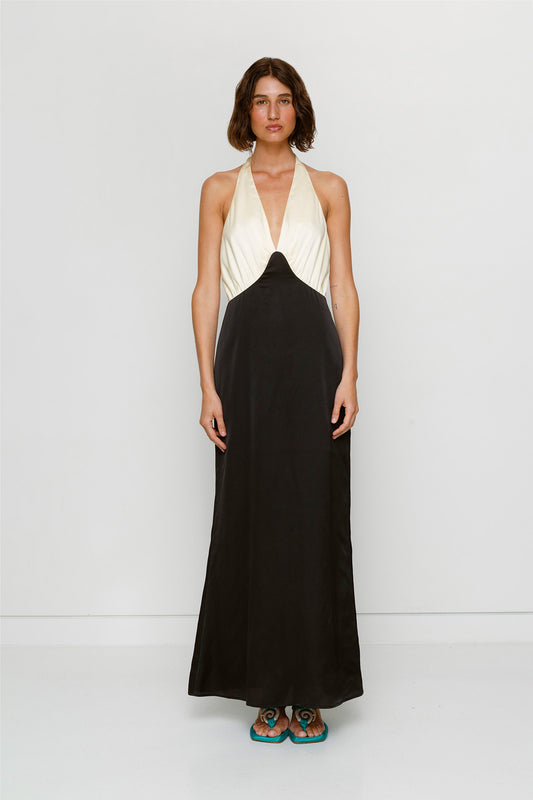 Elegant Black & White satin bridesmaid slip dress with adjustable tie neck and contrast bodice.