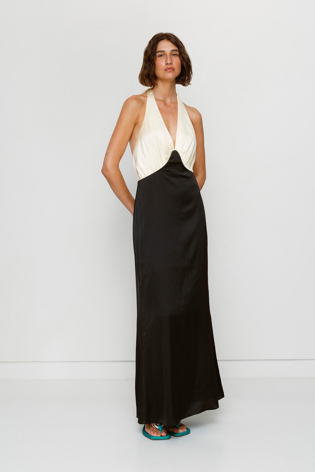 Elegant Black & White satin bridesmaid slip dress with adjustable tie neck and contrast bodice.