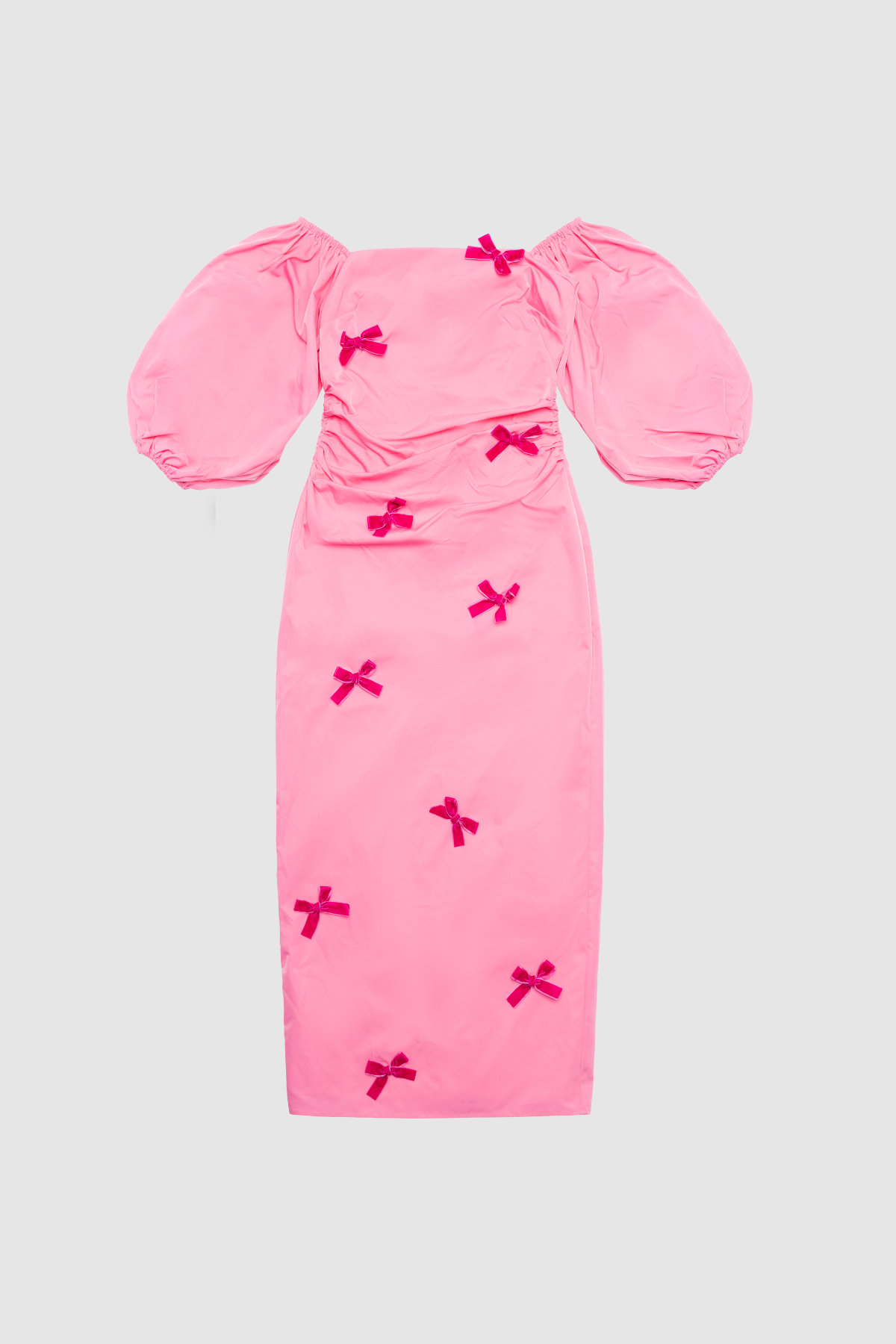 Mid-length off-shoulder dress with elasticated puff sleeves and velvet bow detail by The Wolf Gang, in pink, red, and black.