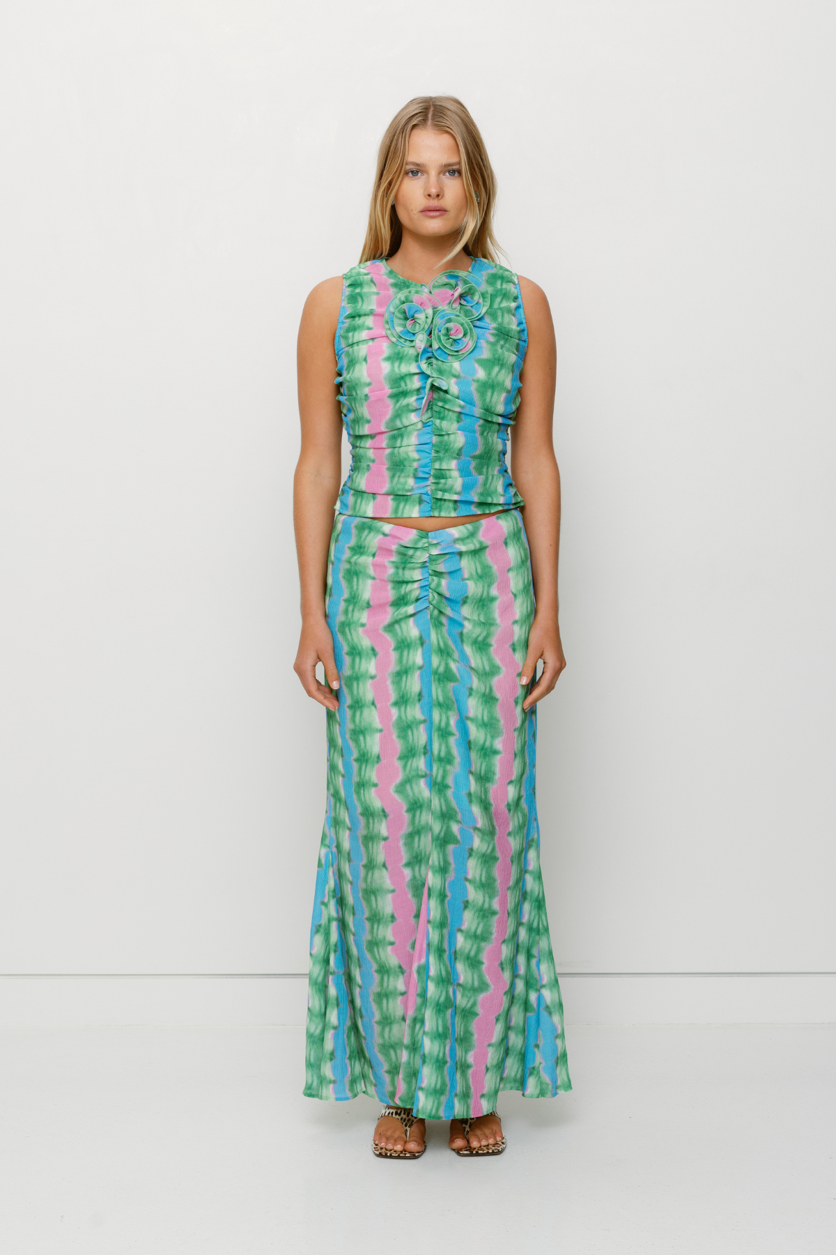 Women's tie-dye maxi skirt by The Wolf Gang, styled to match the ruched Catia Top for an effortless coordinated outfit.