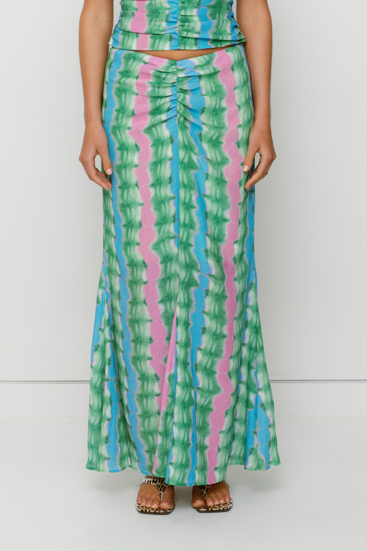 Women's tie-dye maxi skirt by The Wolf Gang, styled to match the ruched Catia Top for an effortless coordinated outfit.