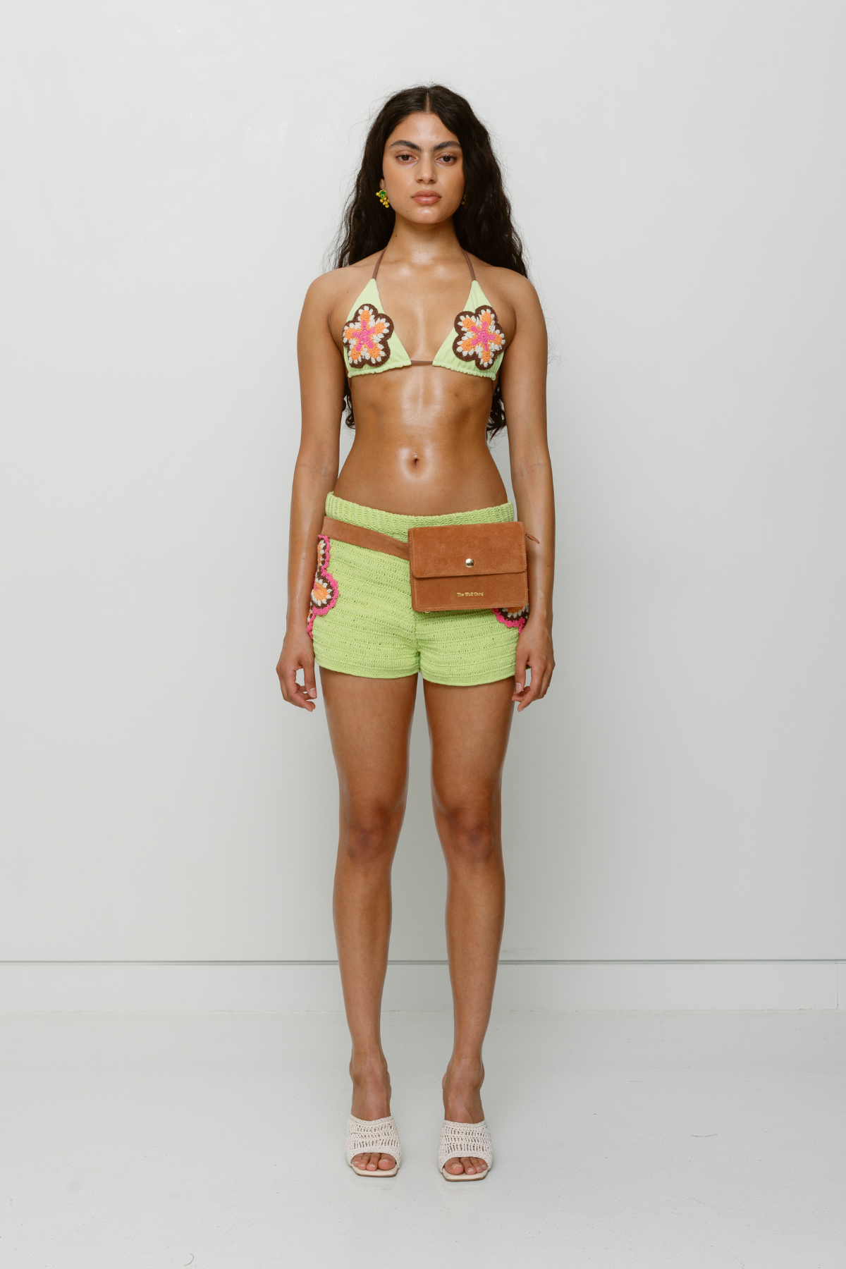 Lime hand-crocheted triangle bikini set with adjustable ties by The Wolf Gang, artisan made, sold as a set, perfect for summer.