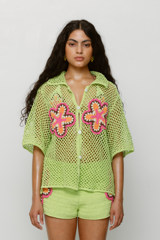 Lime hand-crocheted cotton shirt with floral detailing by The Wolf Gang, artisan made in Bali, pairs with matching Elke Short.