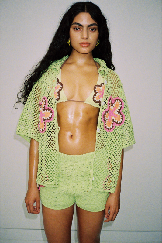 Lime hand-crocheted cotton shirt with floral detailing by The Wolf Gang, artisan made in Bali, pairs with matching Elke Short.