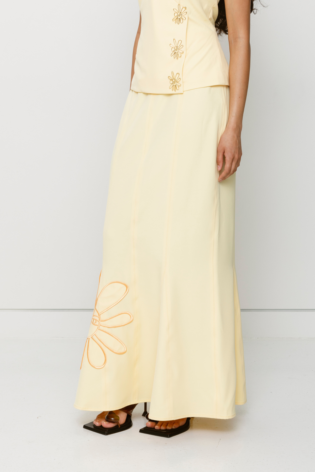 Butter yellow maxi skirt with godet hem and custom TWG embroidery by The Wolf Gang, pairs perfectly with matching Inka top.