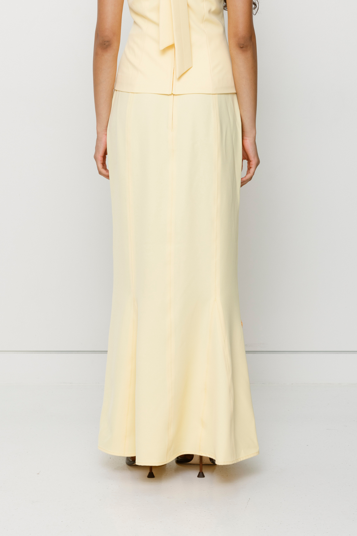 Butter yellow maxi skirt with godet hem and custom TWG embroidery by The Wolf Gang, pairs perfectly with matching Inka top.