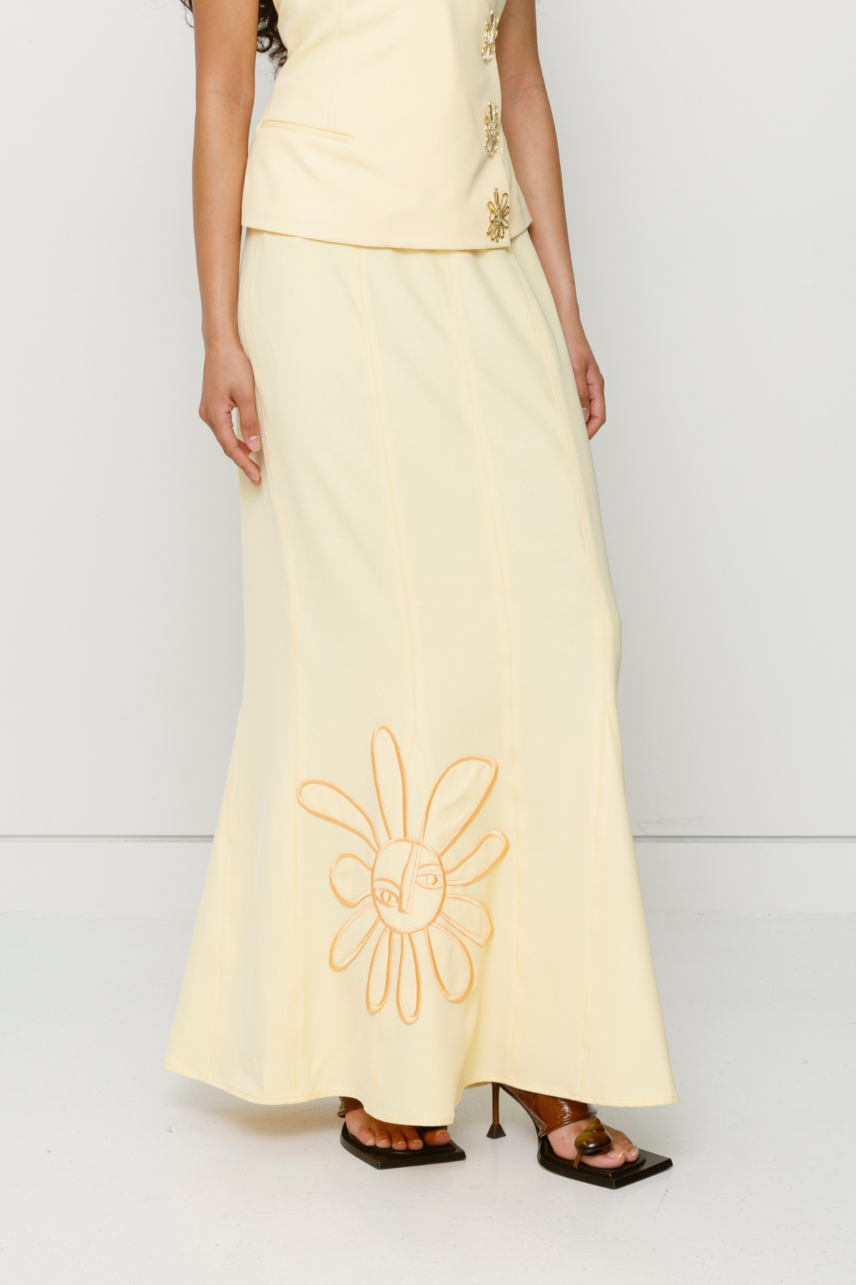Butter yellow maxi skirt with godet hem and custom TWG embroidery by The Wolf Gang, pairs perfectly with matching Inka top.