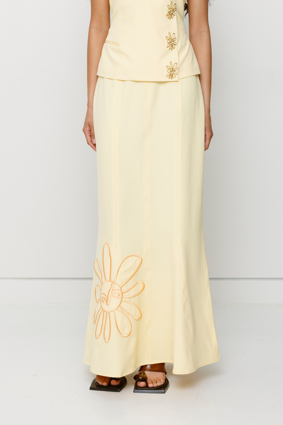 Butter yellow maxi skirt with godet hem and custom TWG embroidery by The Wolf Gang, pairs perfectly with matching Inka top.
