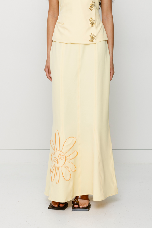 Butter yellow maxi skirt with godet hem and custom TWG embroidery by The Wolf Gang, pairs perfectly with matching Inka top.