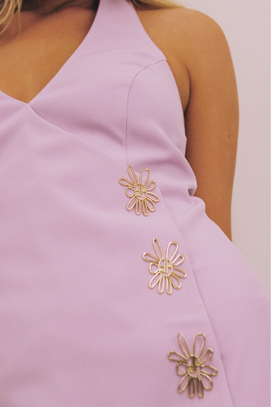 Lavender halterneck mini vest dress with asymmetric front and custom hardware by The Wolf Gang, pairs with matching Inka Pant.