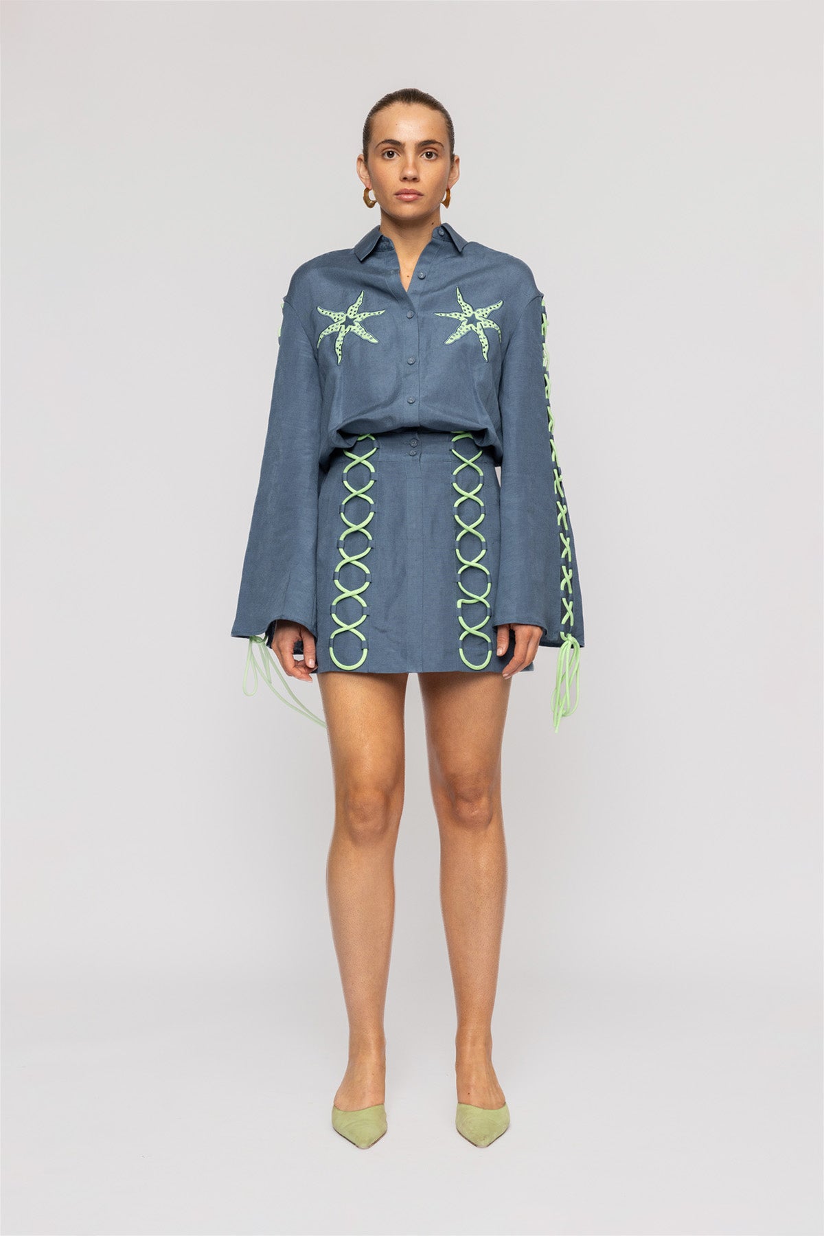 Women's long sleeve mini dress with roped detail and embroidered starfish by The Wolf Gang, perfect for day to night wear.