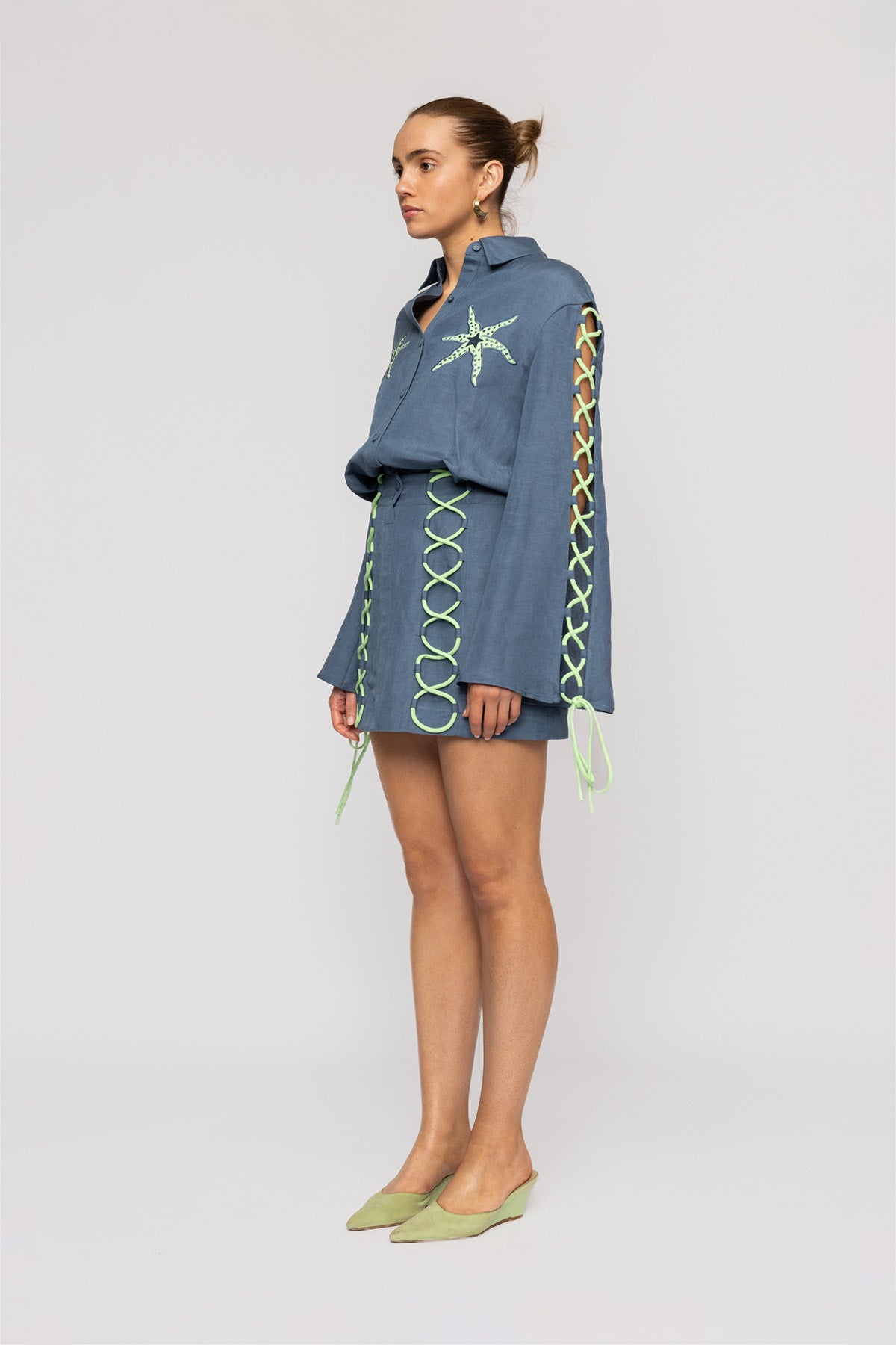 Women's long sleeve mini dress with roped detail and embroidered starfish by The Wolf Gang, perfect for day to night wear.