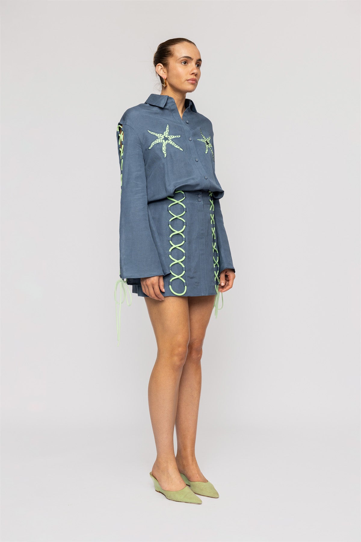 Women's long sleeve mini dress with roped detail and embroidered starfish by The Wolf Gang, perfect for day to night wear.