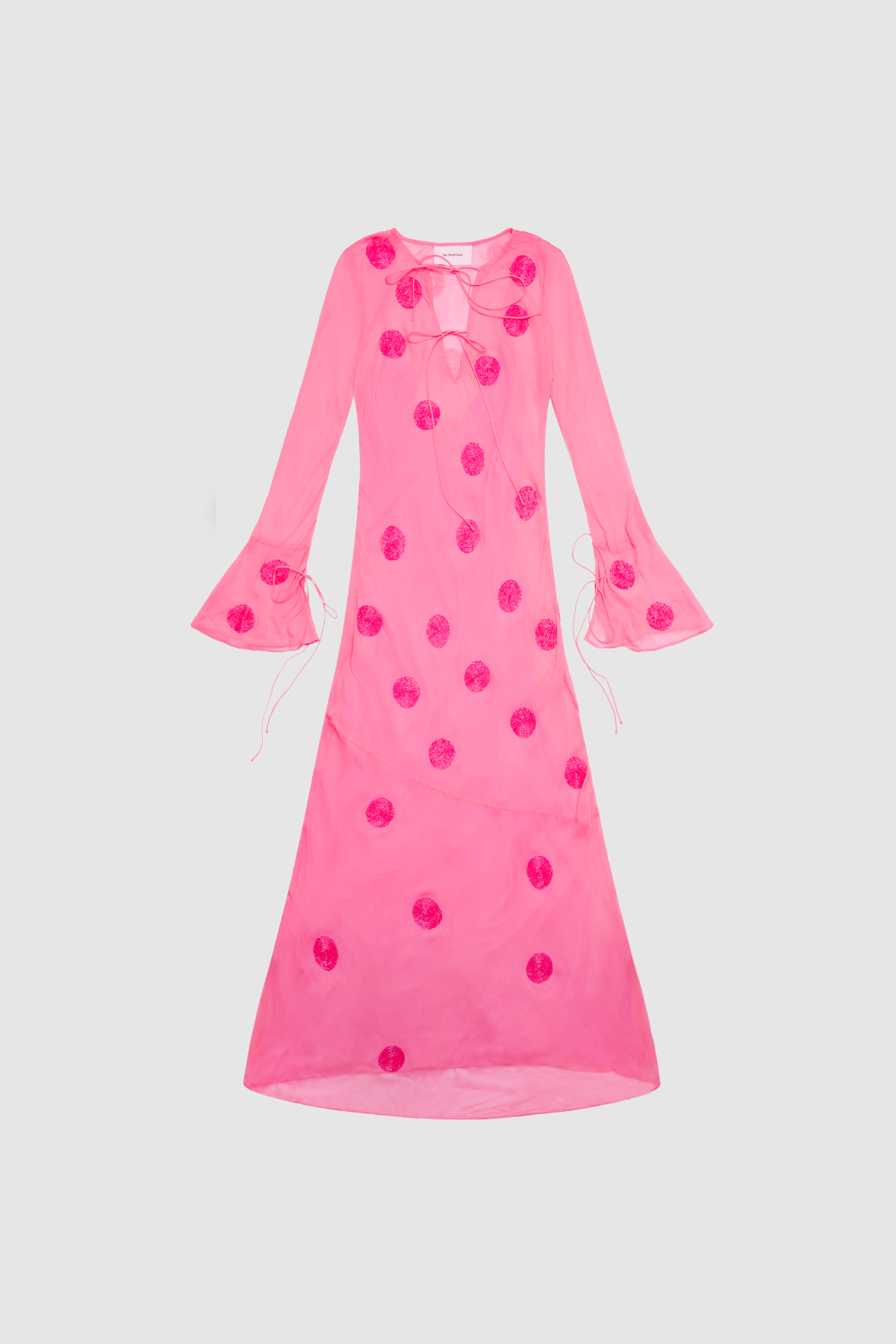 Beaded Sanja maxi dress with bell sleeves, tie details, and removable slip by The Wolf Gang, perfect for beach weddings.