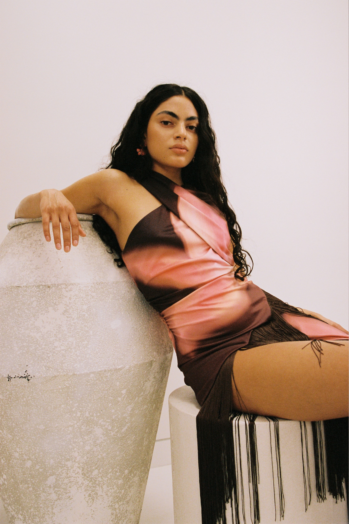 Floral print stretch jersey midi dress with asymmetric fringe hem and one-shoulder detail by The Wolf Gang, perfect for summer nights.