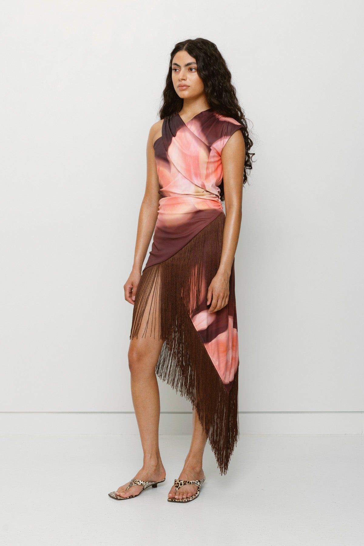 Floral print stretch jersey midi dress with asymmetric fringe hem and one-shoulder detail by The Wolf Gang, perfect for summer nights.