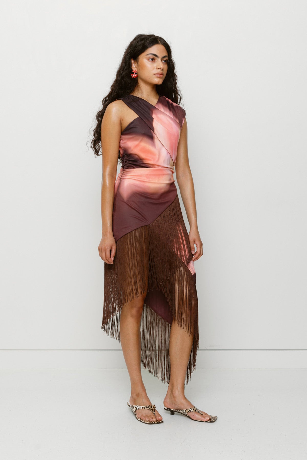 Floral print stretch jersey midi dress with asymmetric fringe hem and one-shoulder detail by The Wolf Gang, perfect for summer nights.