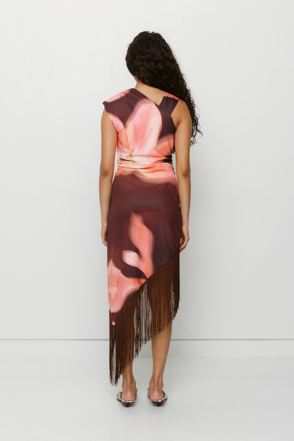 Floral print stretch jersey midi dress with asymmetric fringe hem and one-shoulder detail by The Wolf Gang, perfect for summer nights.