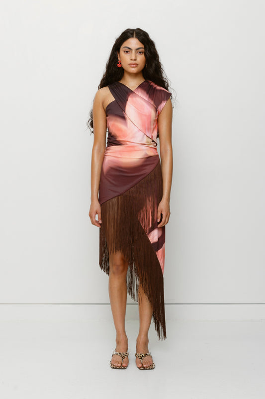 Floral print stretch jersey midi dress with asymmetric fringe hem and one-shoulder detail by The Wolf Gang, perfect for summer nights.