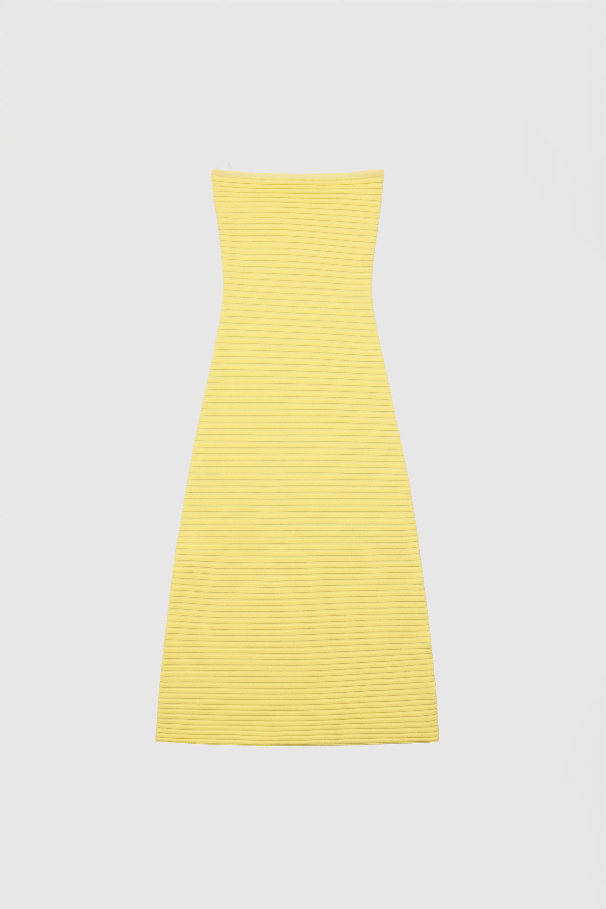Yellow strapless tonal stripe knit maxi dress with body-con fit, perfect for maternity or event wear.