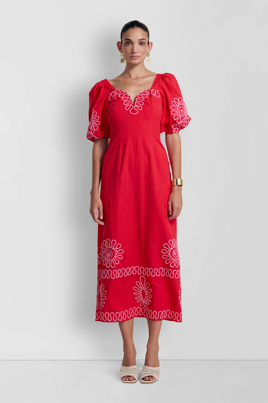 Carmensita Embroidered Midi Dress - Rojo