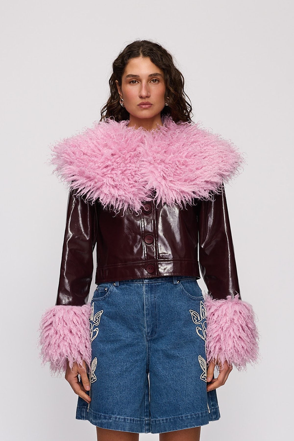 Abrigo Jacket in Berry by The Wolf Gang – front close-up