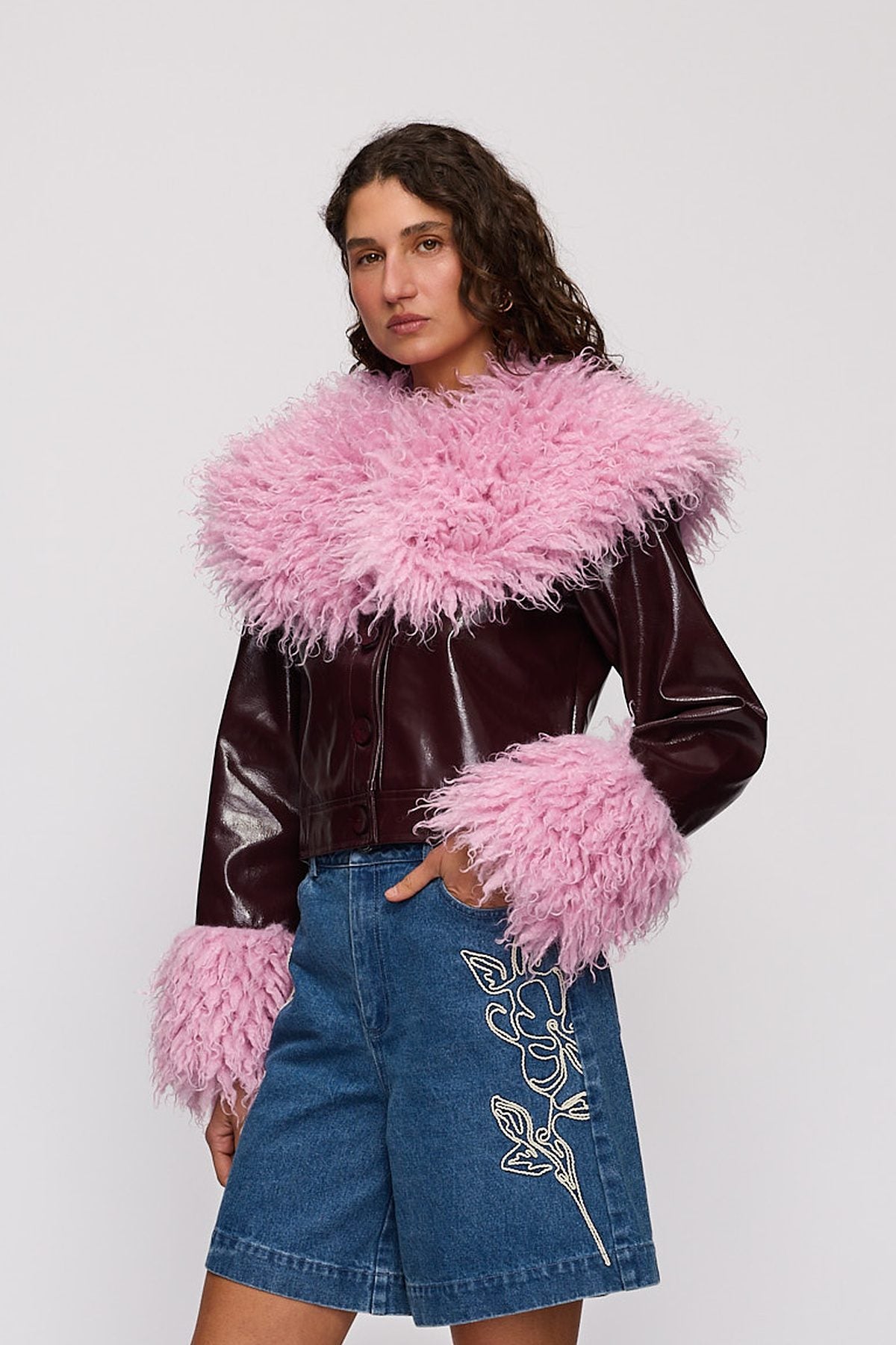 Abrigo Jacket in Berry by The Wolf Gang – close-up view