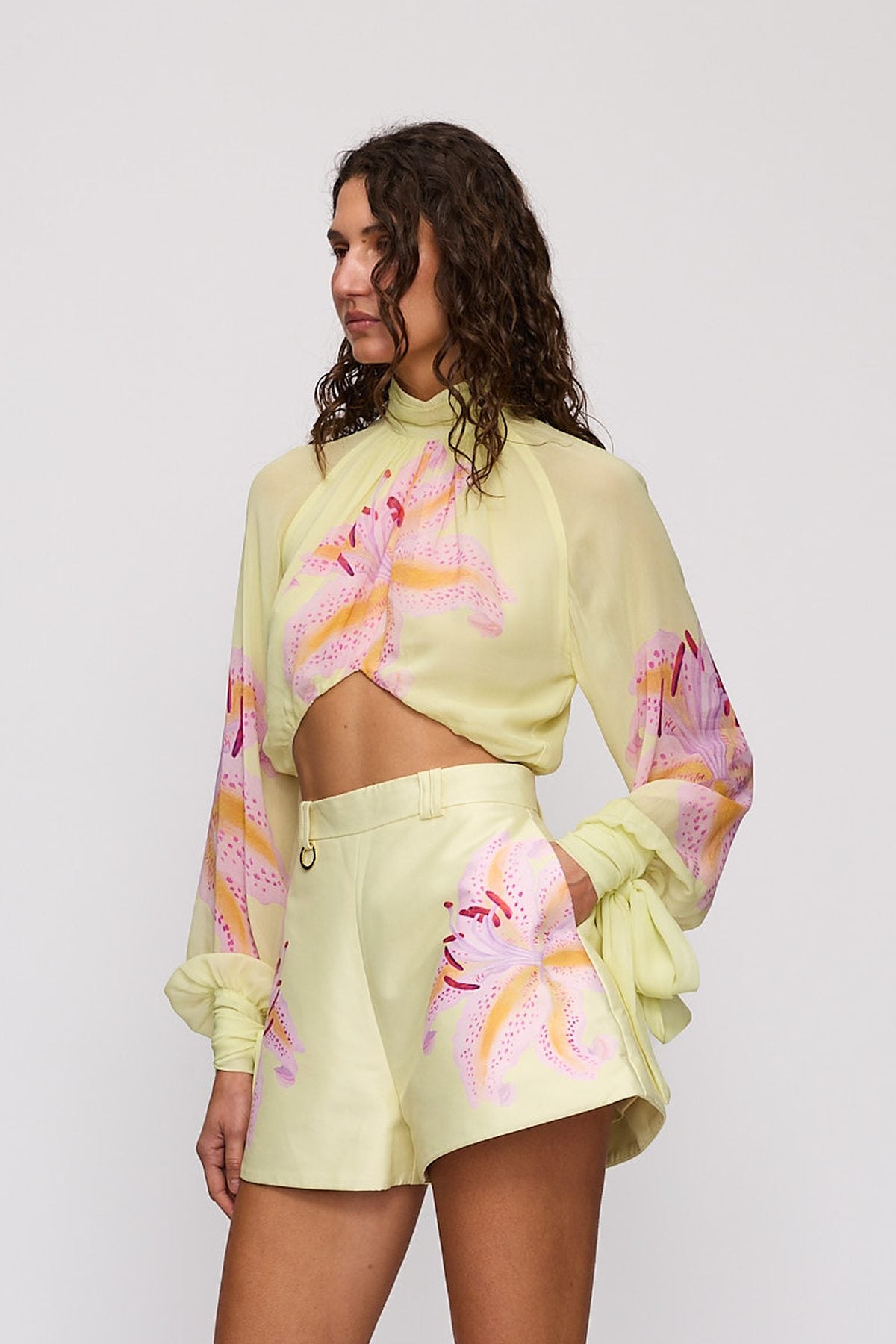 Celia Blouse in Candy Hibiscus by The Wolf Gang โ close-up view