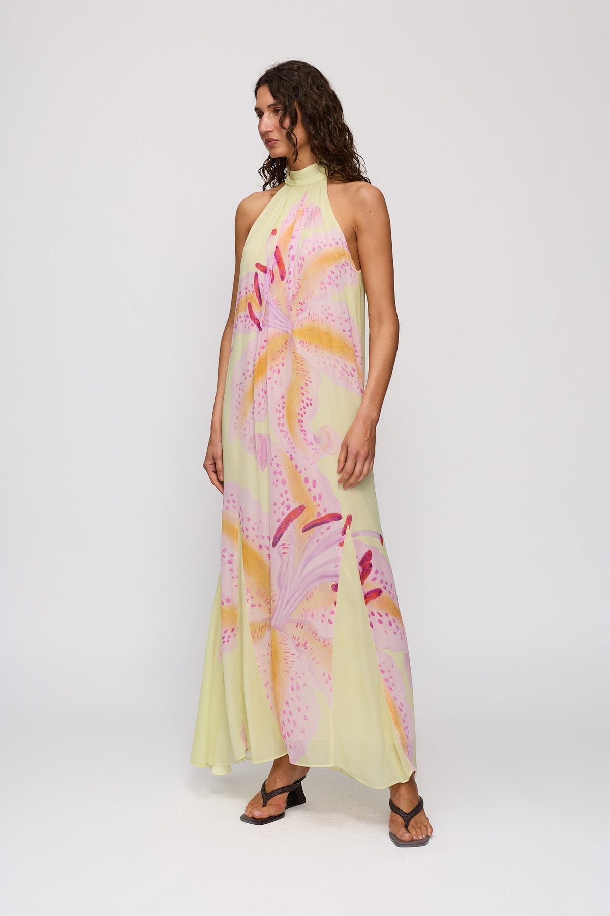 Celia Maxi Dress in Candy Hibiscus by The Wolf Gang – three-quarter side view