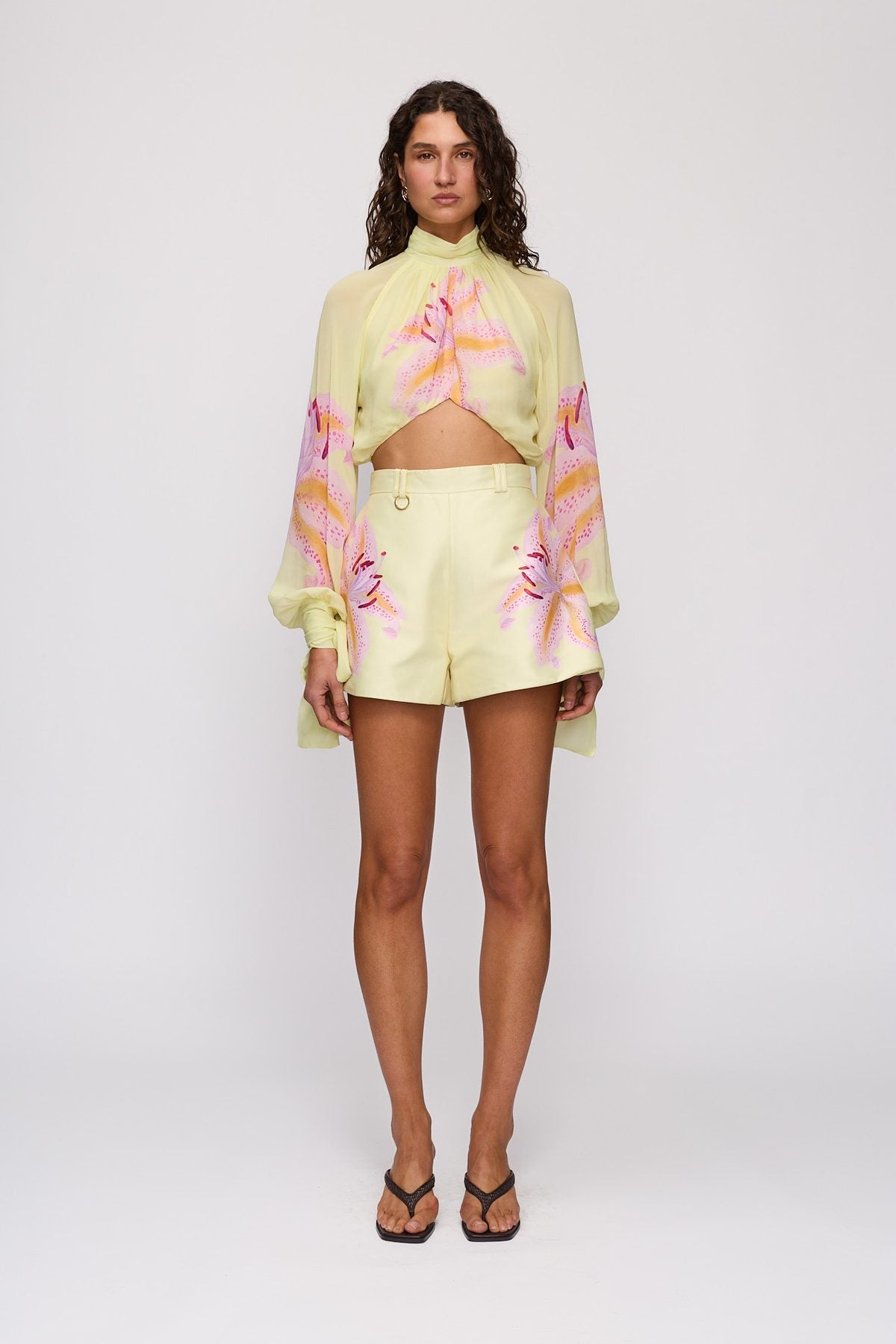 Labelle Mini Short in Candy Hibiscus by The Wolf Gang – front full-length view (styled with Celia Blouse)