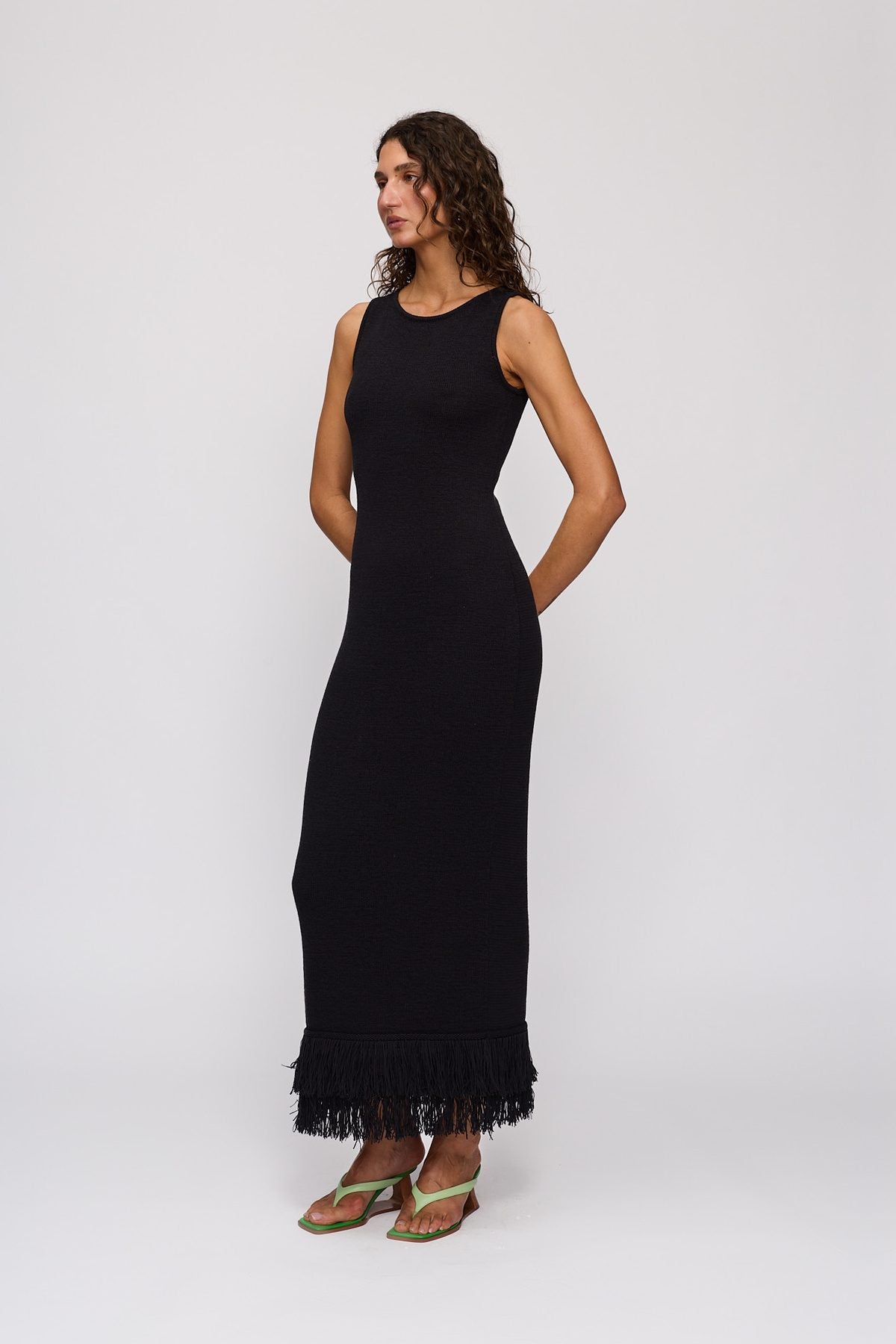 Tully Midi Dress in Noir by The Wolf Gang – full-length view