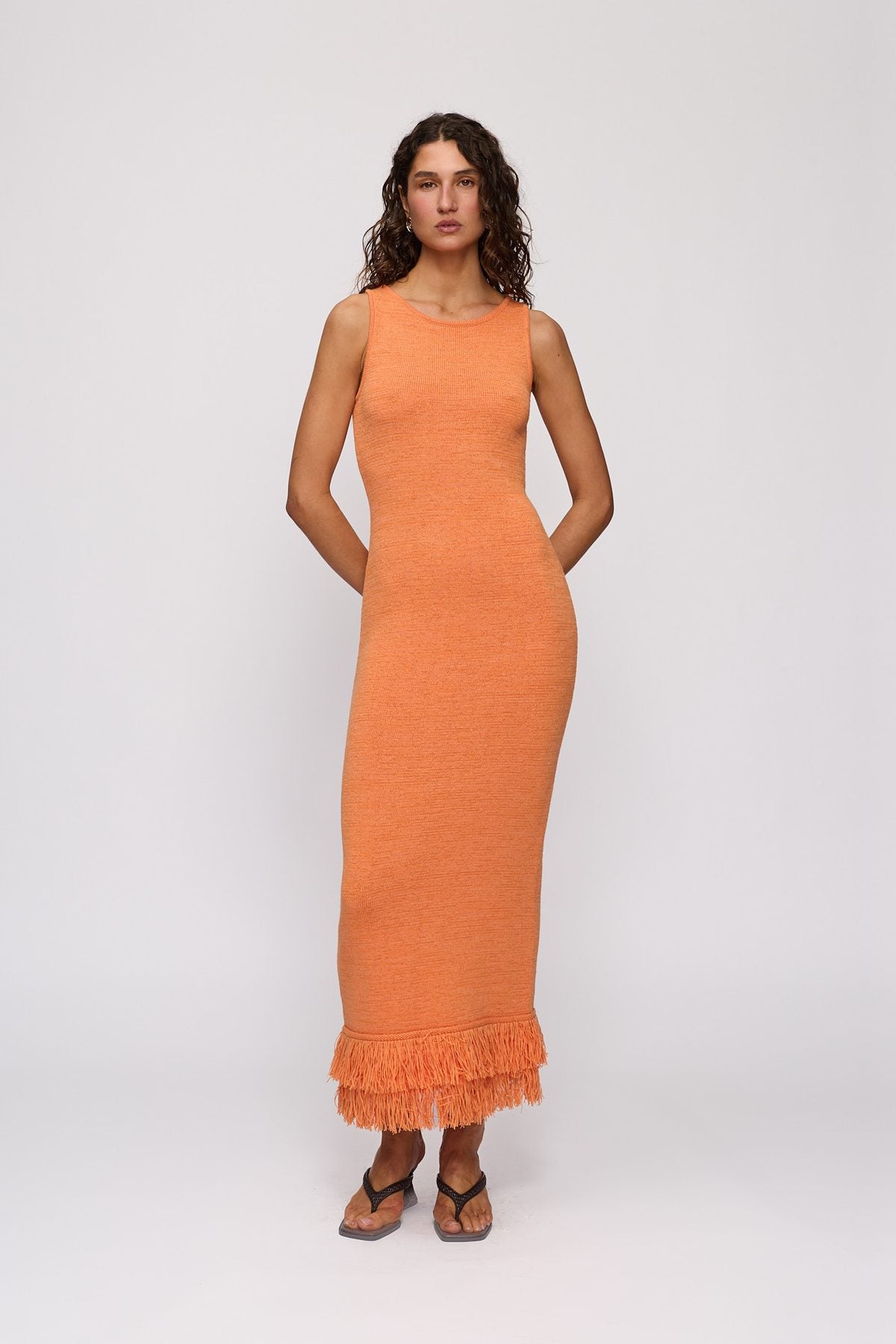 Tully Midi Dress in Tangerine by The Wolf Gang – full-length view