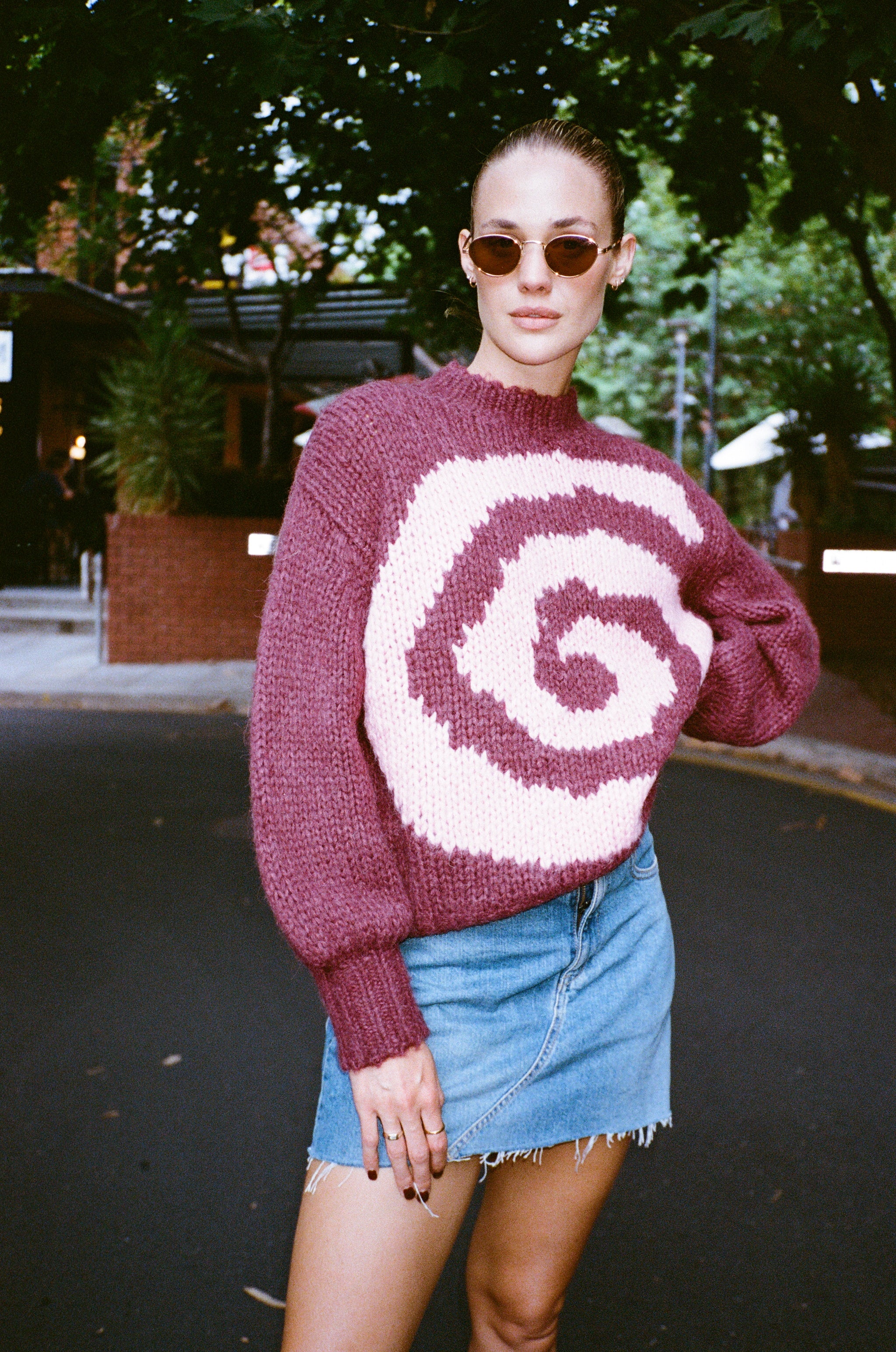 Laura wears the Filipa Swirl Knit in XS/S