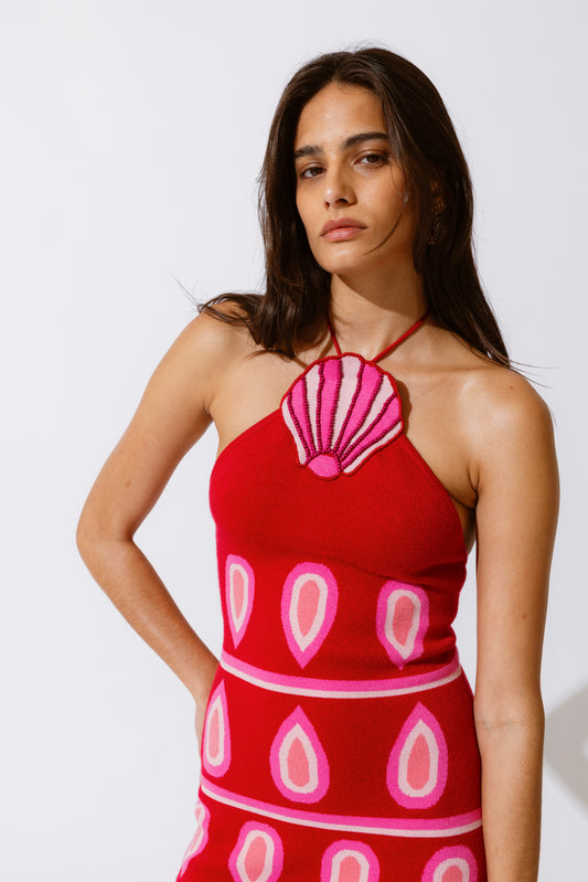 Concha Halter Mini Dress - Cherry