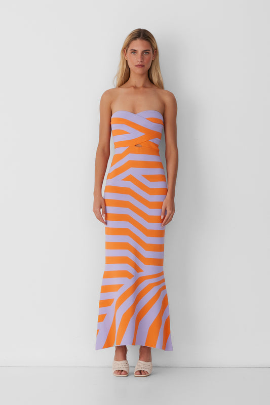 Women’s strapless Maxi Lilac Aude Dress with two-tone knit in Orange and Purple fitted silhouette gold back zip and flared hemline.