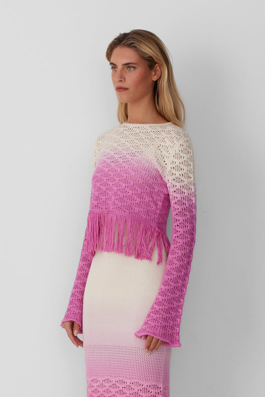 Zinna Fringed Knit Top - Magenta Ombre