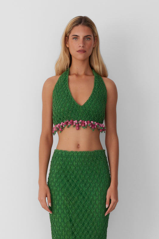 Reis Beaded Macrame Top - Emerald