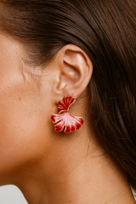 Red stud earrings with gold-sprayed sterling silver hardware, perfect for gifting.