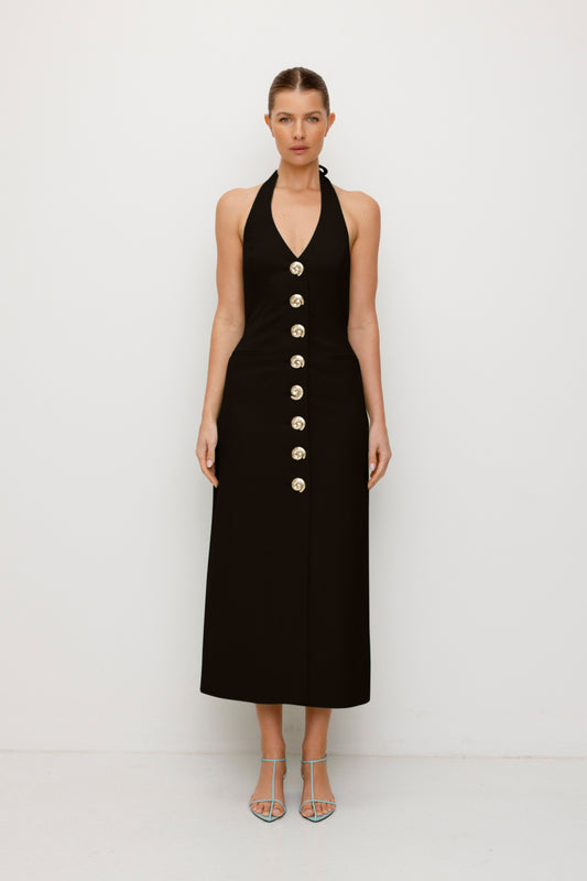 Women’s fitted maxi vest style dress in Noir Black with halter neck tie back gold swirl detailing and invisible back zip for a flattering fit