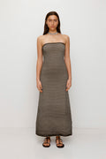 Black & White strapless tonal stripe knit maxi dress with body-con fit, perfect for maternity or event wear.