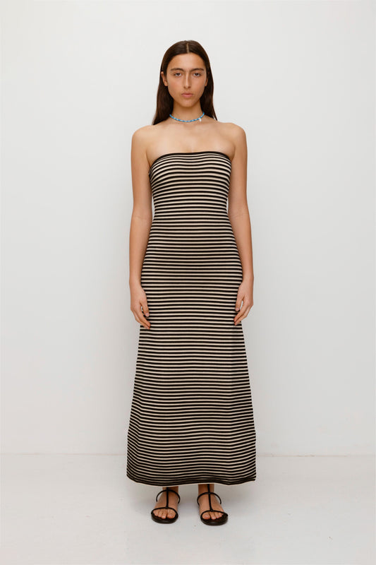 Black & White strapless tonal stripe knit maxi dress with body-con fit, perfect for maternity or event wear.
