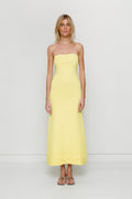 Yellow strapless tonal stripe knit maxi dress with body-con fit, perfect for maternity or event wear.