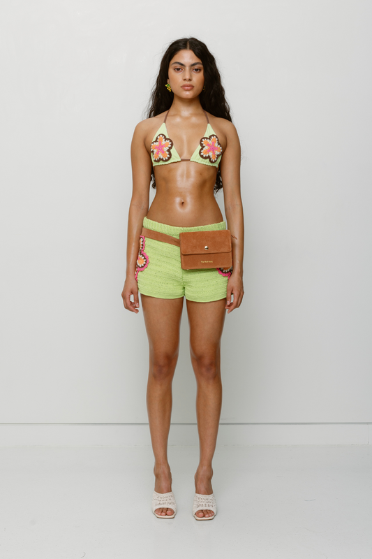Lime hand-crocheted triangle bikini set with adjustable ties by The Wolf Gang, artisan made, sold as a set, perfect for summer.
