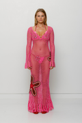 Pink hand-crocheted cotton maxi dress by The Wolf Gang, artisan made in Bali, perfect as a luxe bikini cover-up.