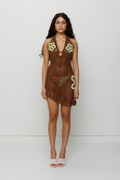 Hand-crocheted cotton mini dress with floral detailing by The Wolf Gang, artisan made in Bali, perfect as a bikini cover-up.